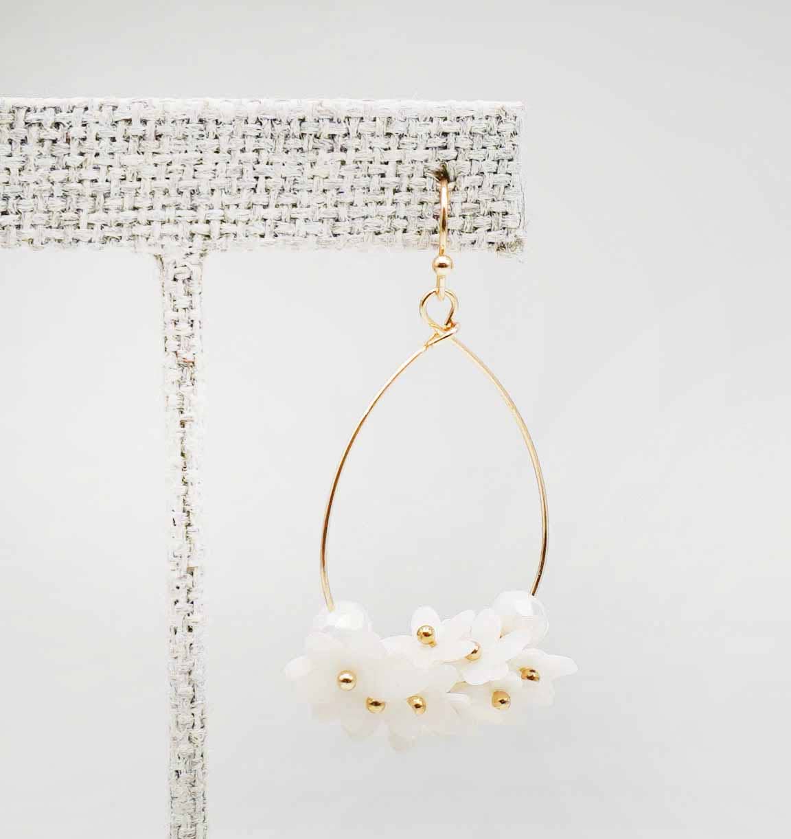 White Sequin Blossom Teardrop Hoop Earring
