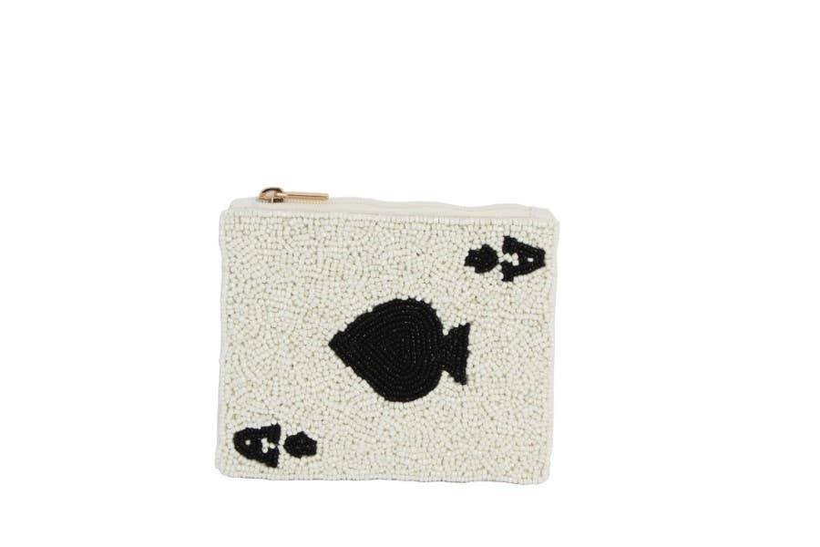 Ladies Fully Beaded White ACE SPADE Theme Coin Purse