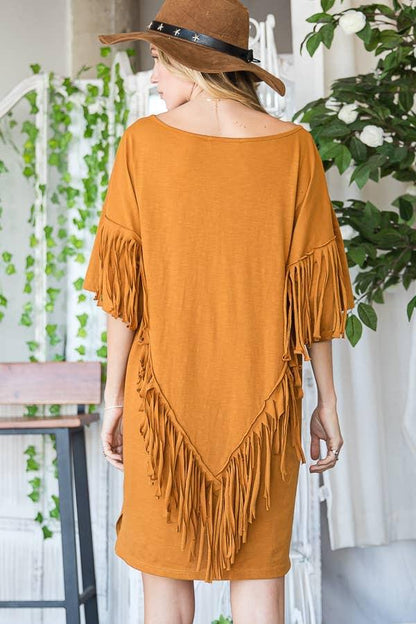 Fringe Back T-shirt Mini Dress - Camel