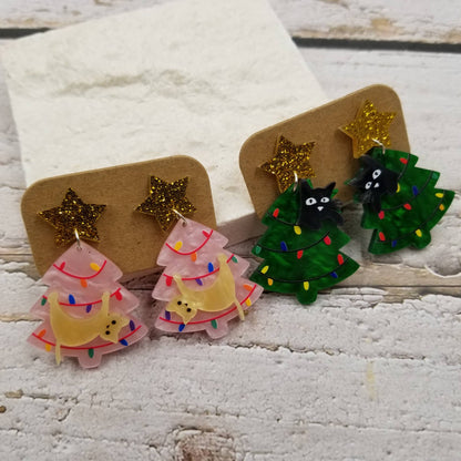 Barn Cat Christmas Tree Earrings