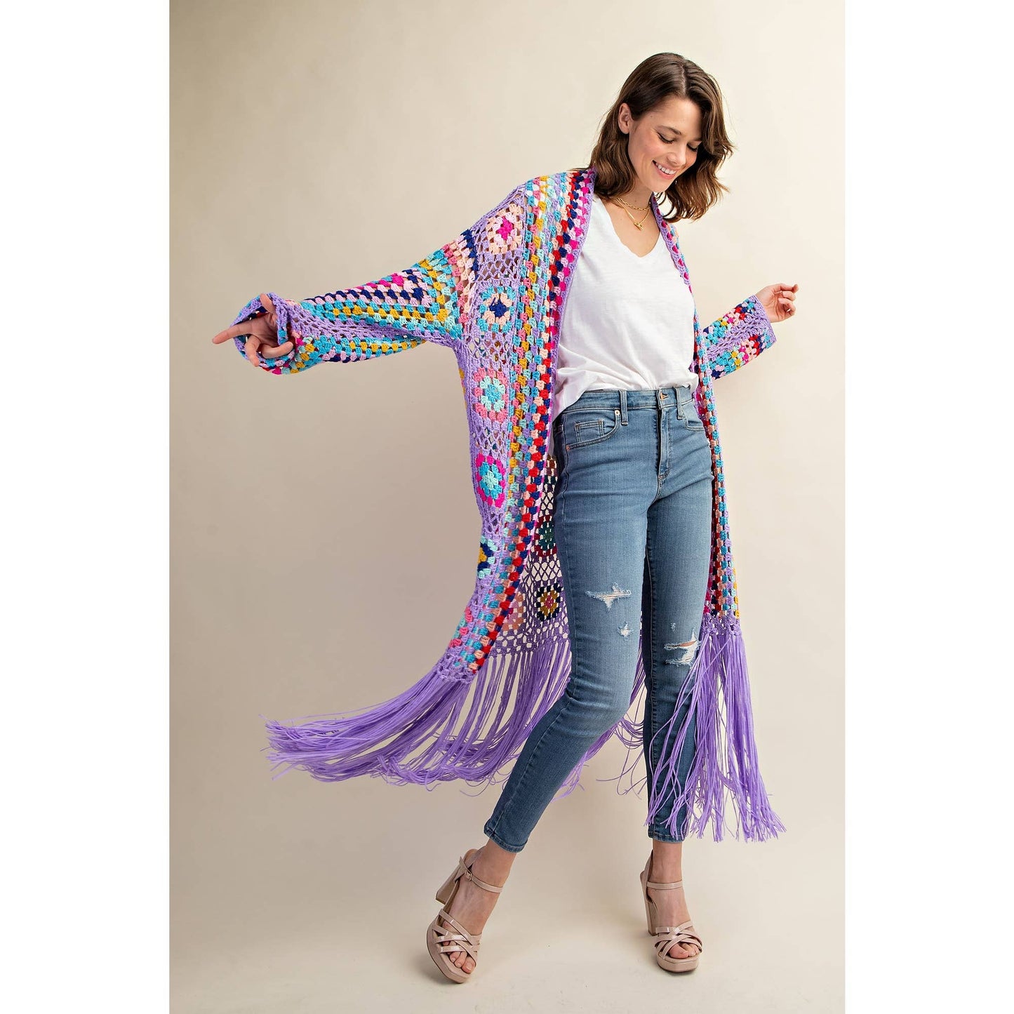 COLORFUL CROCHET FRINGE CARDIGAN DUSTER: Black Combo / SM-ML(3-3)