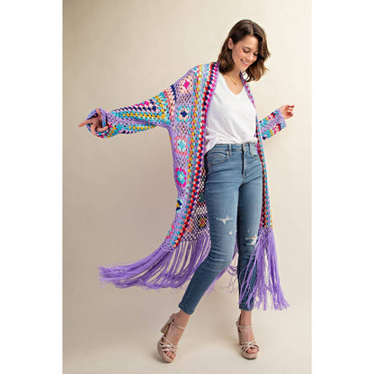 COLORFUL CROCHET FRINGE CARDIGAN DUSTER: Black Combo / SM-ML(3-3)