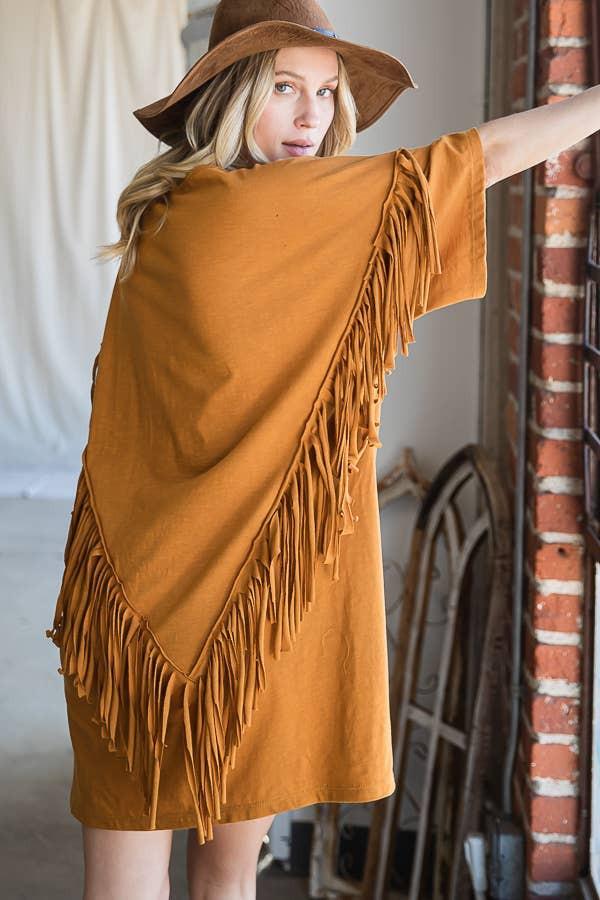Fringe Back T-shirt Mini Dress - Camel
