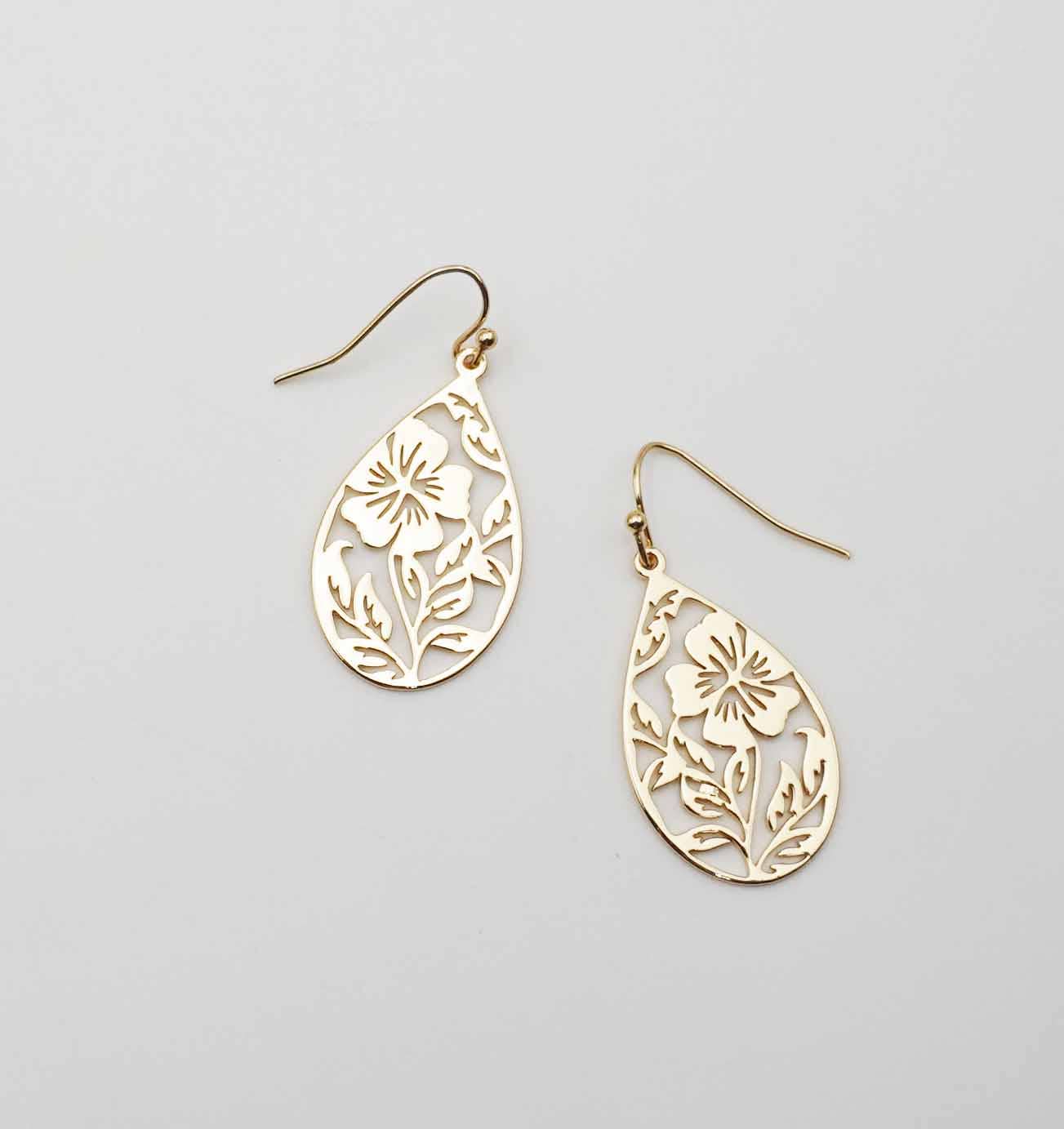 Shiny Gold Plated Openwork Floral Teardrop Earring