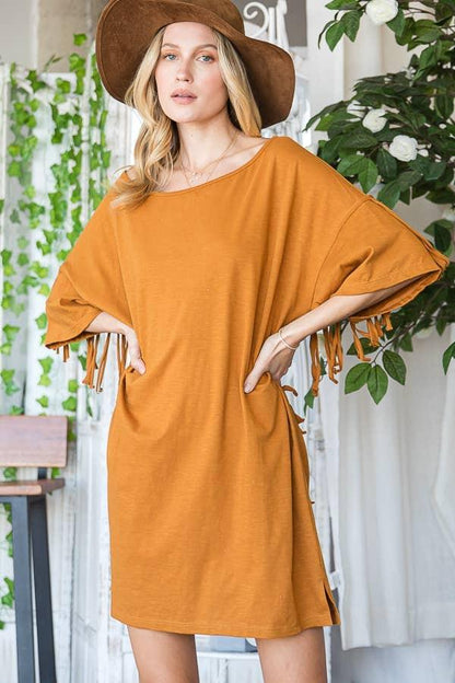 Fringe Back T-shirt Mini Dress - Camel