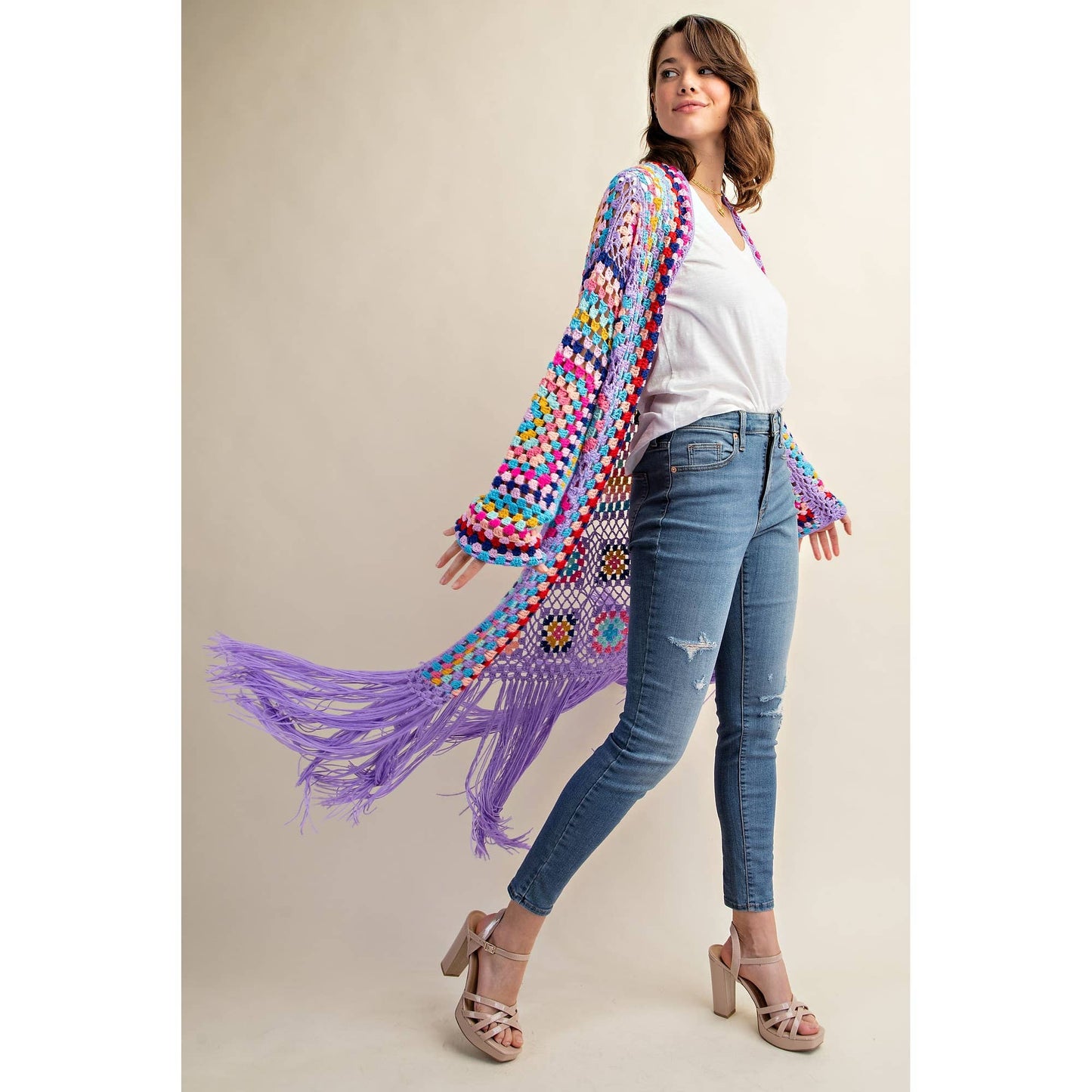 COLORFUL CROCHET FRINGE CARDIGAN DUSTER: Black Combo / SM-ML(3-3)