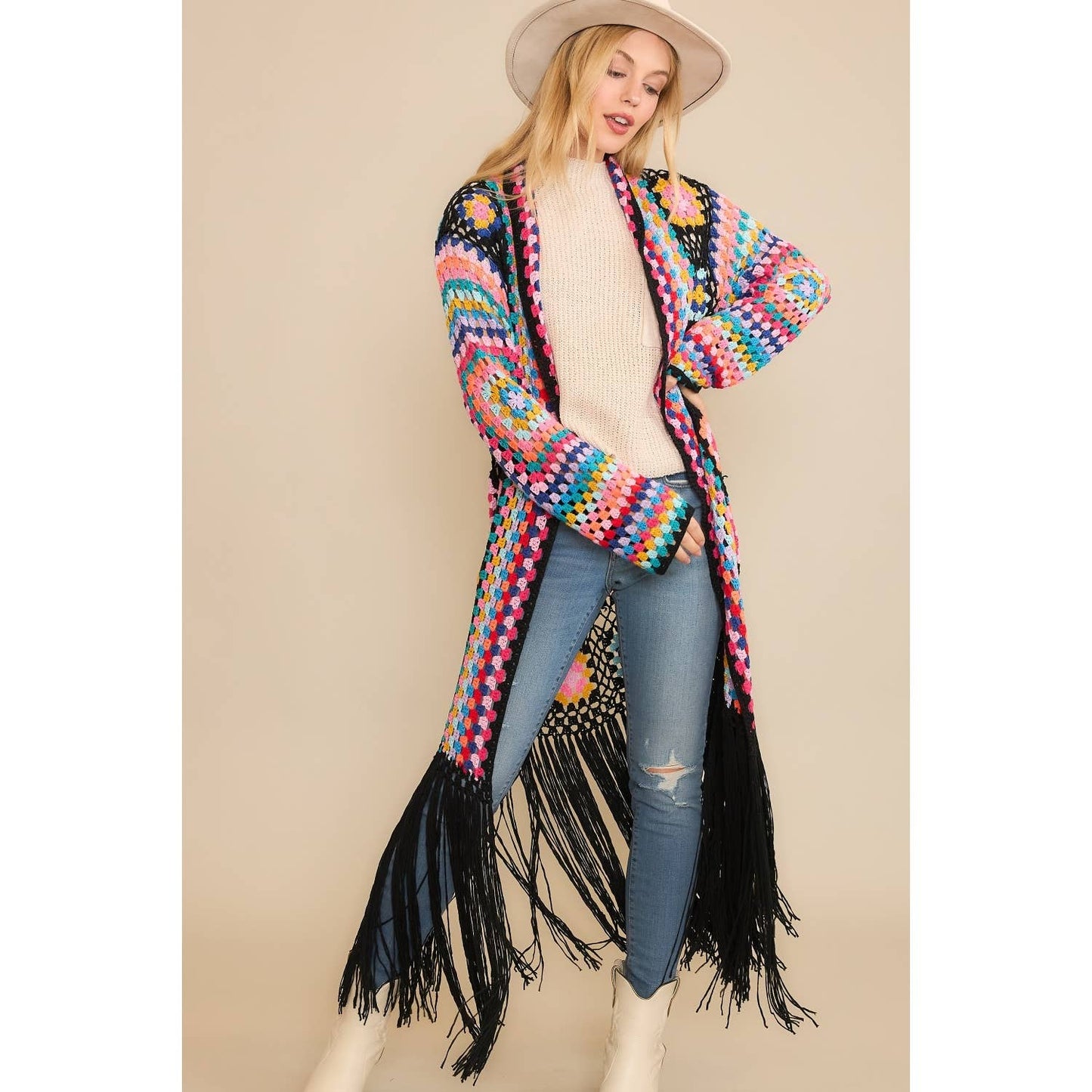 COLORFUL CROCHET FRINGE CARDIGAN DUSTER: Black Combo / SM-ML(3-3)