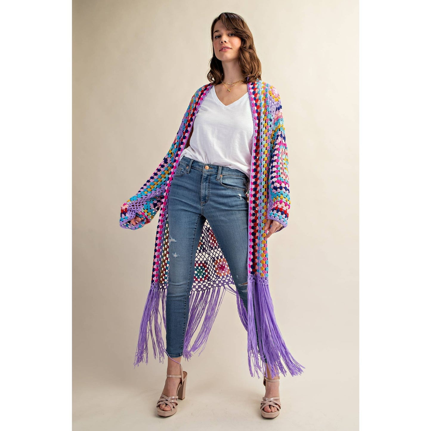 COLORFUL CROCHET FRINGE CARDIGAN DUSTER: Black Combo / SM-ML(3-3)