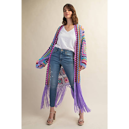 COLORFUL CROCHET FRINGE CARDIGAN DUSTER: Black Combo / SM-ML(3-3)