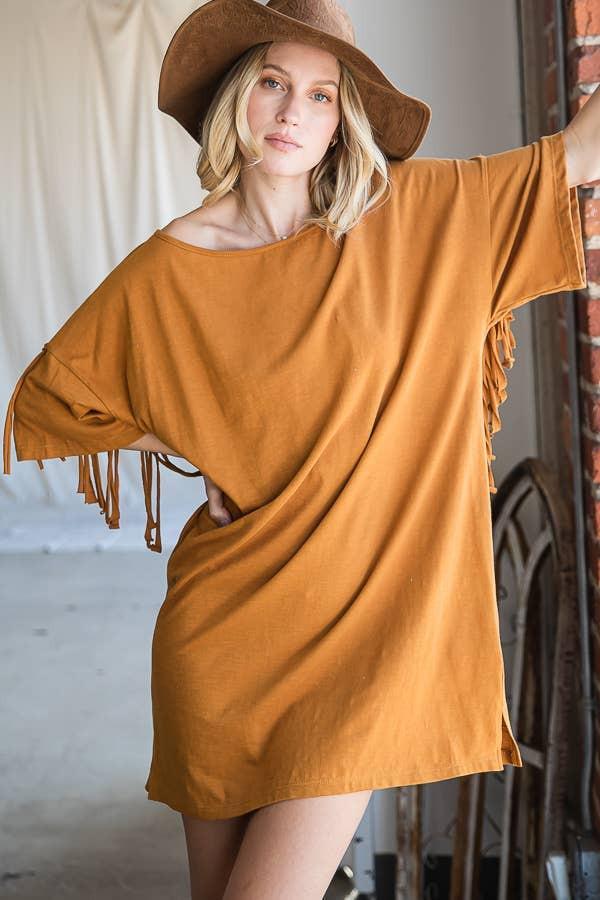 Fringe Back T-shirt Mini Dress - Camel