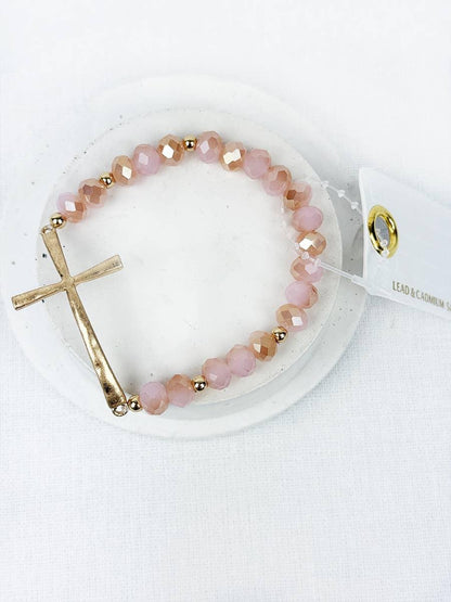 Pink Beaded Bracelet with Gold Charm and Crystal Beads