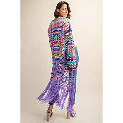 COLORFUL CROCHET FRINGE CARDIGAN DUSTER: Black Combo / SM-ML(3-3)