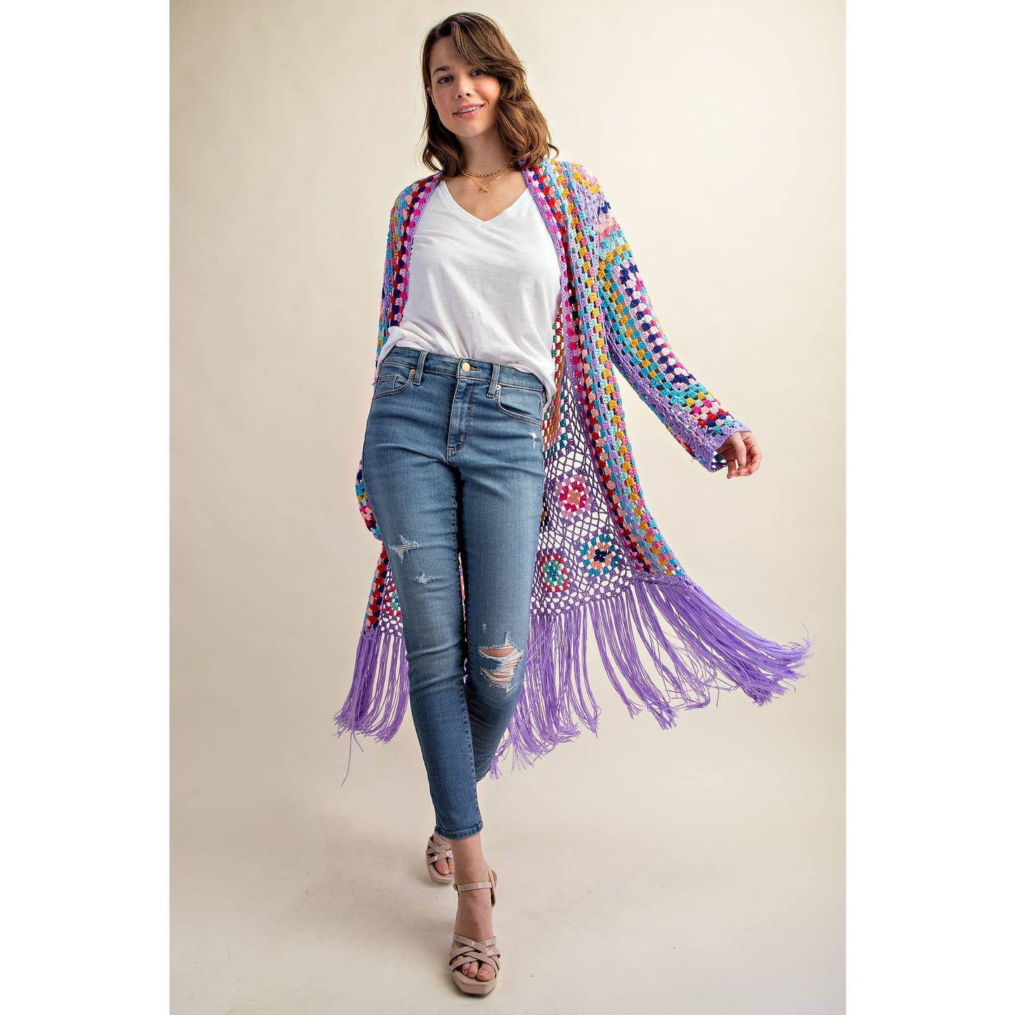 COLORFUL CROCHET FRINGE CARDIGAN DUSTER: Black Combo / SM-ML(3-3)