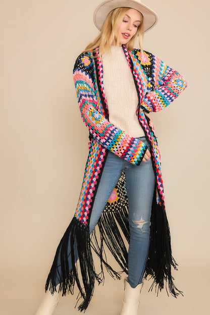 COLORFUL CROCHET FRINGE CARDIGAN DUSTER: Black Combo / SM-ML(3-3)