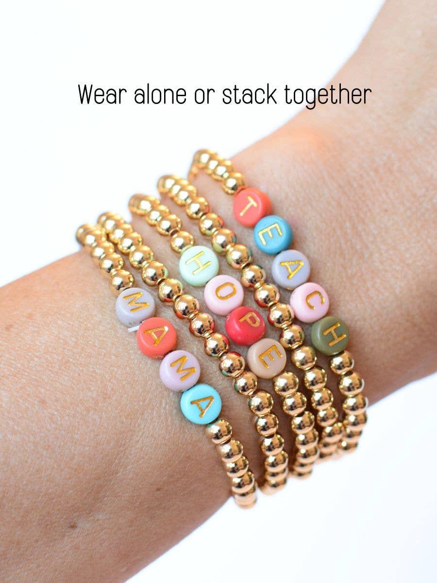 Gold Beaded Stretch Bracelet – Multi‑Color Letter Beads