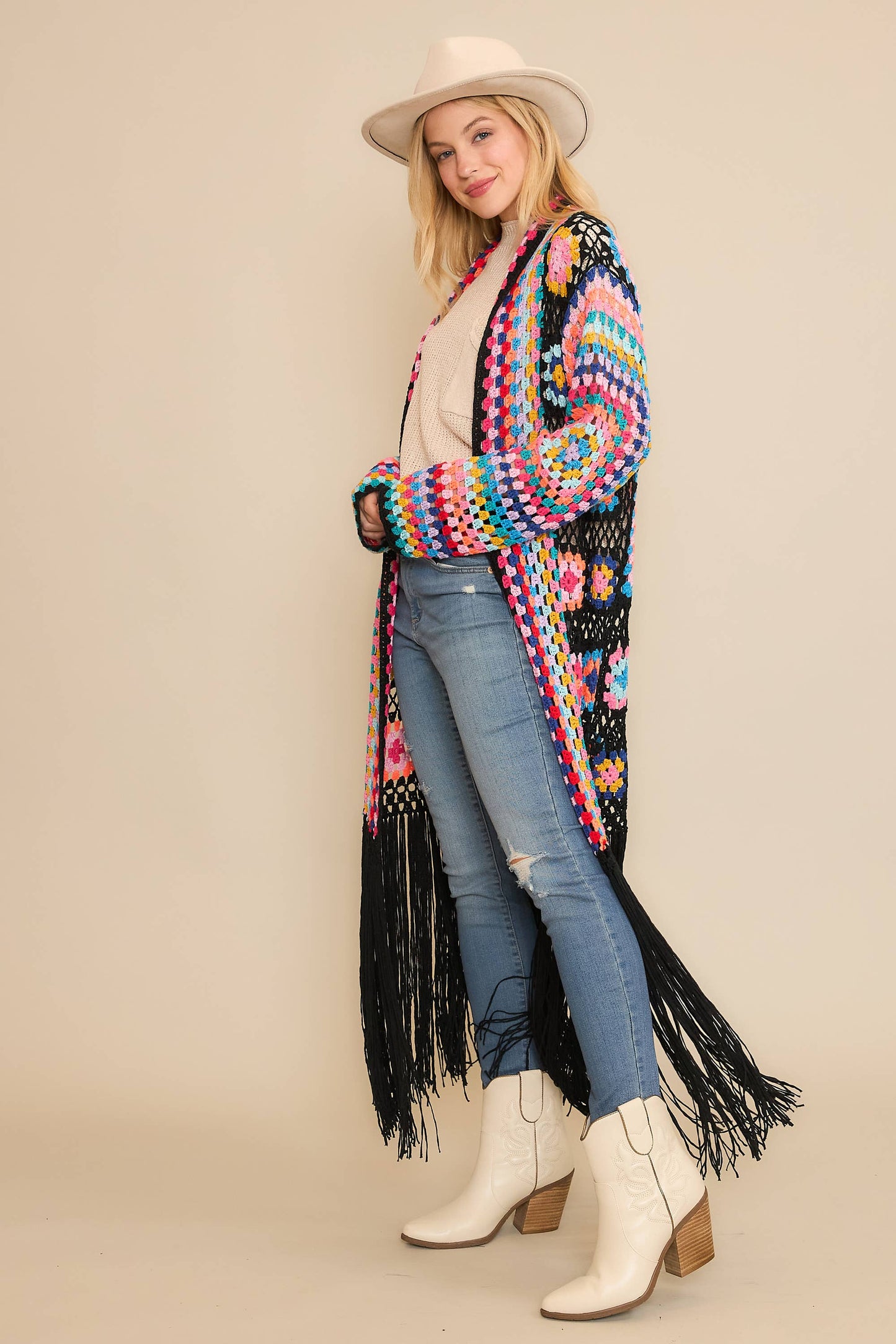 COLORFUL CROCHET FRINGE CARDIGAN DUSTER: Black Combo / SM-ML(3-3)
