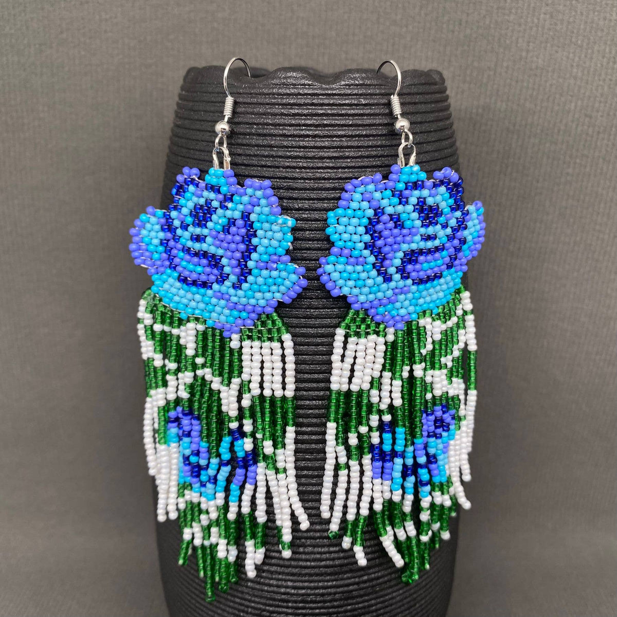 Blue Flower Handmade Seed Beads Tassel Earrings - SB