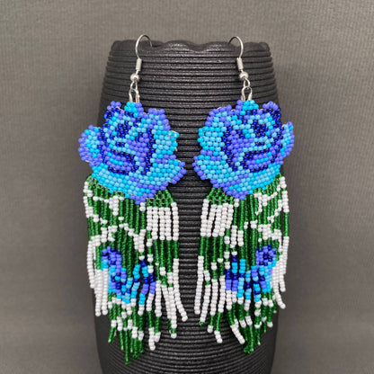 Blue Flower Handmade Seed Beads Tassel Earrings - SB