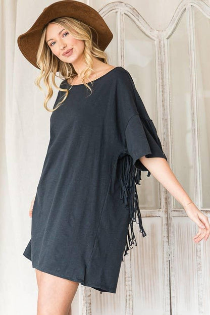 Fringe Back T-shirt Mini Dress - Navy