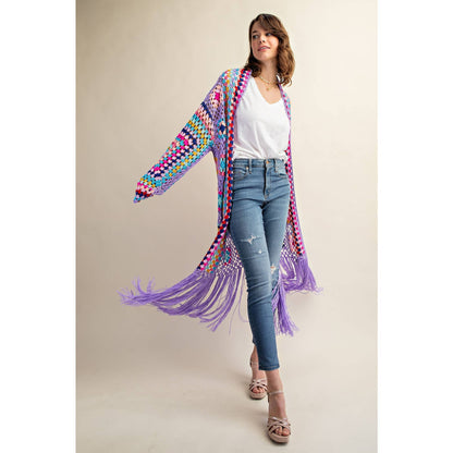 COLORFUL CROCHET FRINGE CARDIGAN DUSTER: Black Combo / SM-ML(3-3)