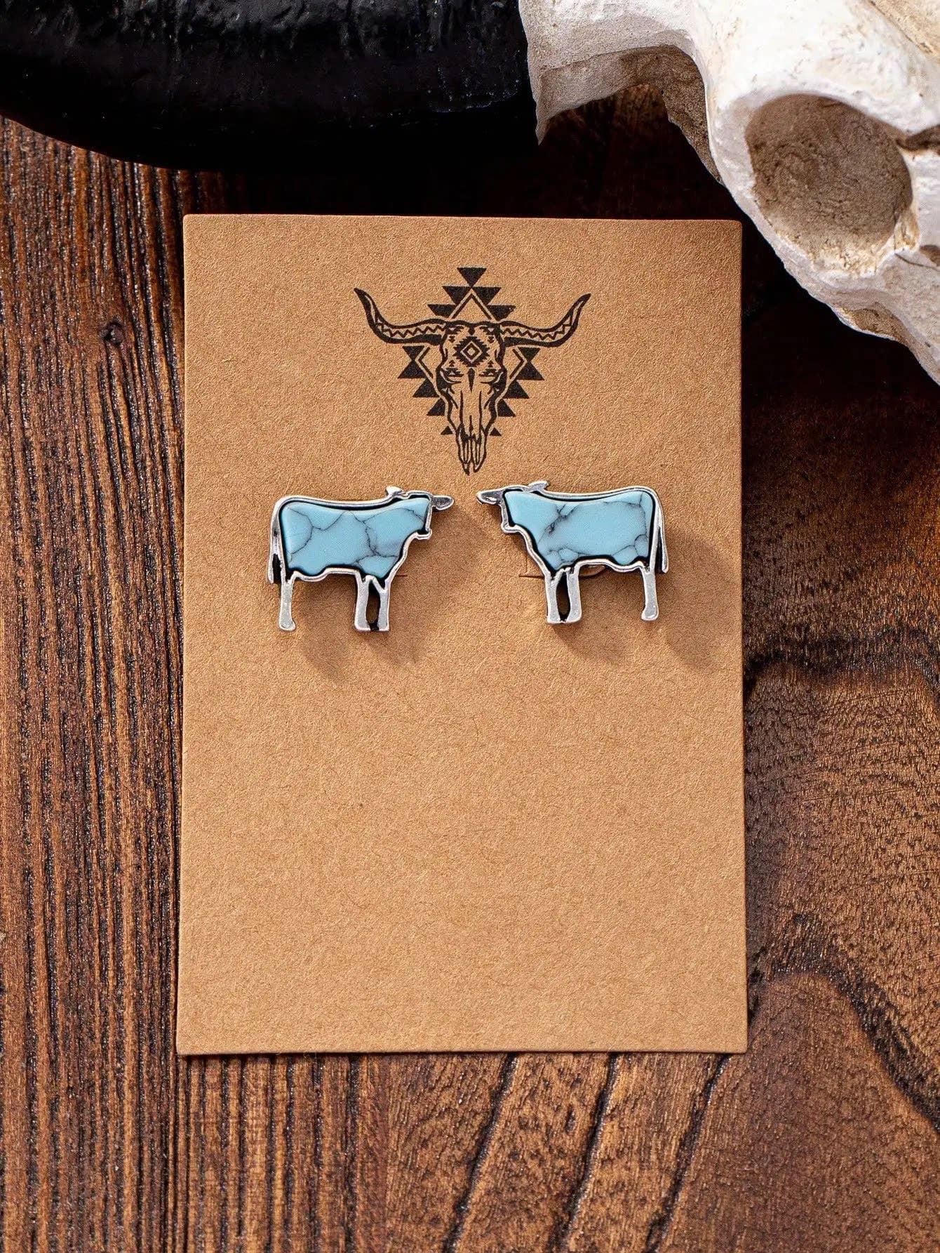 Turquoise Animals - Stud Earrings: Cow