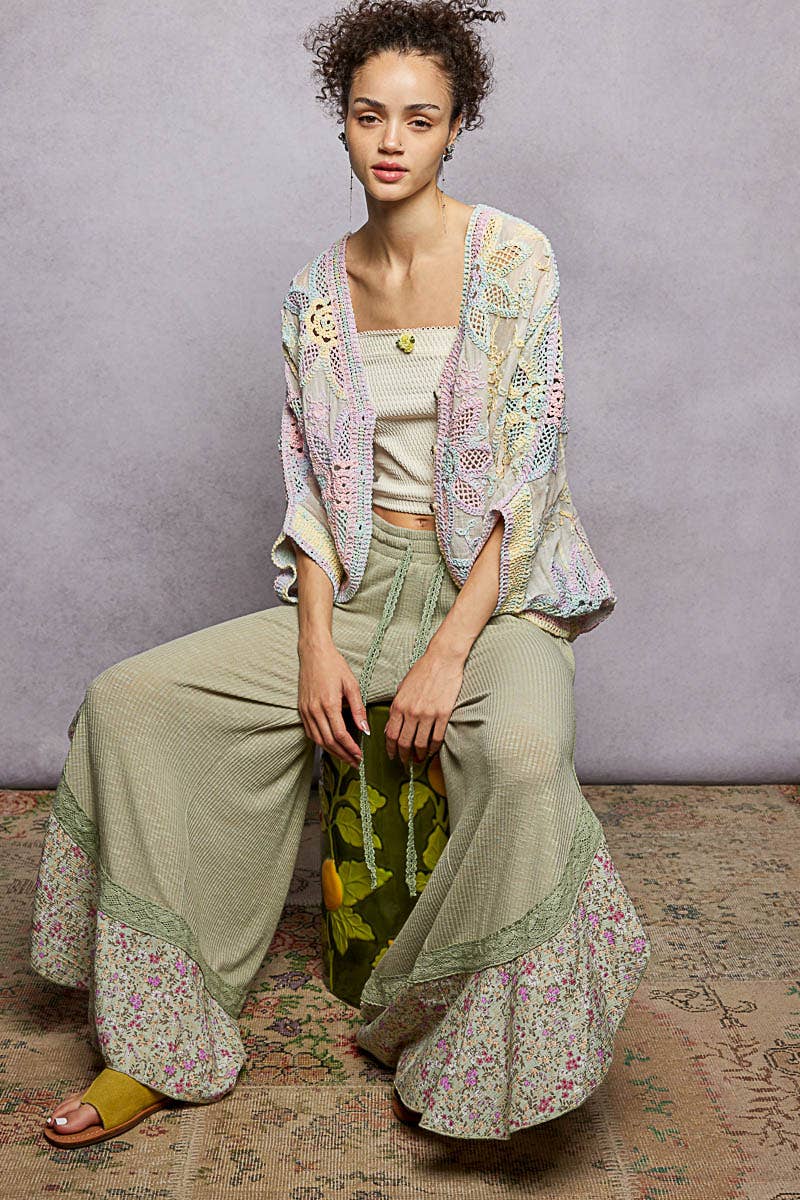 Oversized V-neck Batwing Sleeve Crochet Cardigan : RAINBOW / One Size