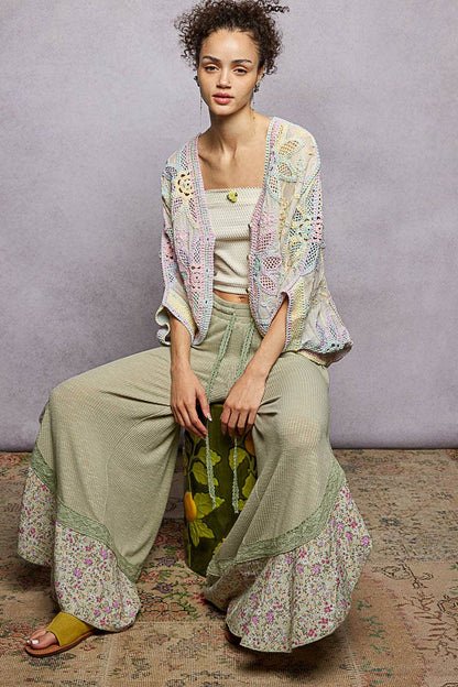 Oversized V-neck Batwing Sleeve Crochet Cardigan : RAINBOW / One Size