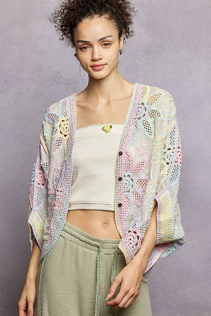 Oversized V-neck Batwing Sleeve Crochet Cardigan : RAINBOW / One Size