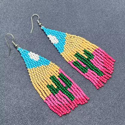 Western Style Cactus Seed Beads Fringe Earrings - SB/WJ: Colored