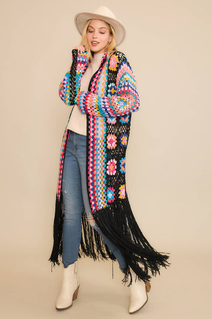 COLORFUL CROCHET FRINGE CARDIGAN DUSTER: Black Combo / SM-ML(3-3)
