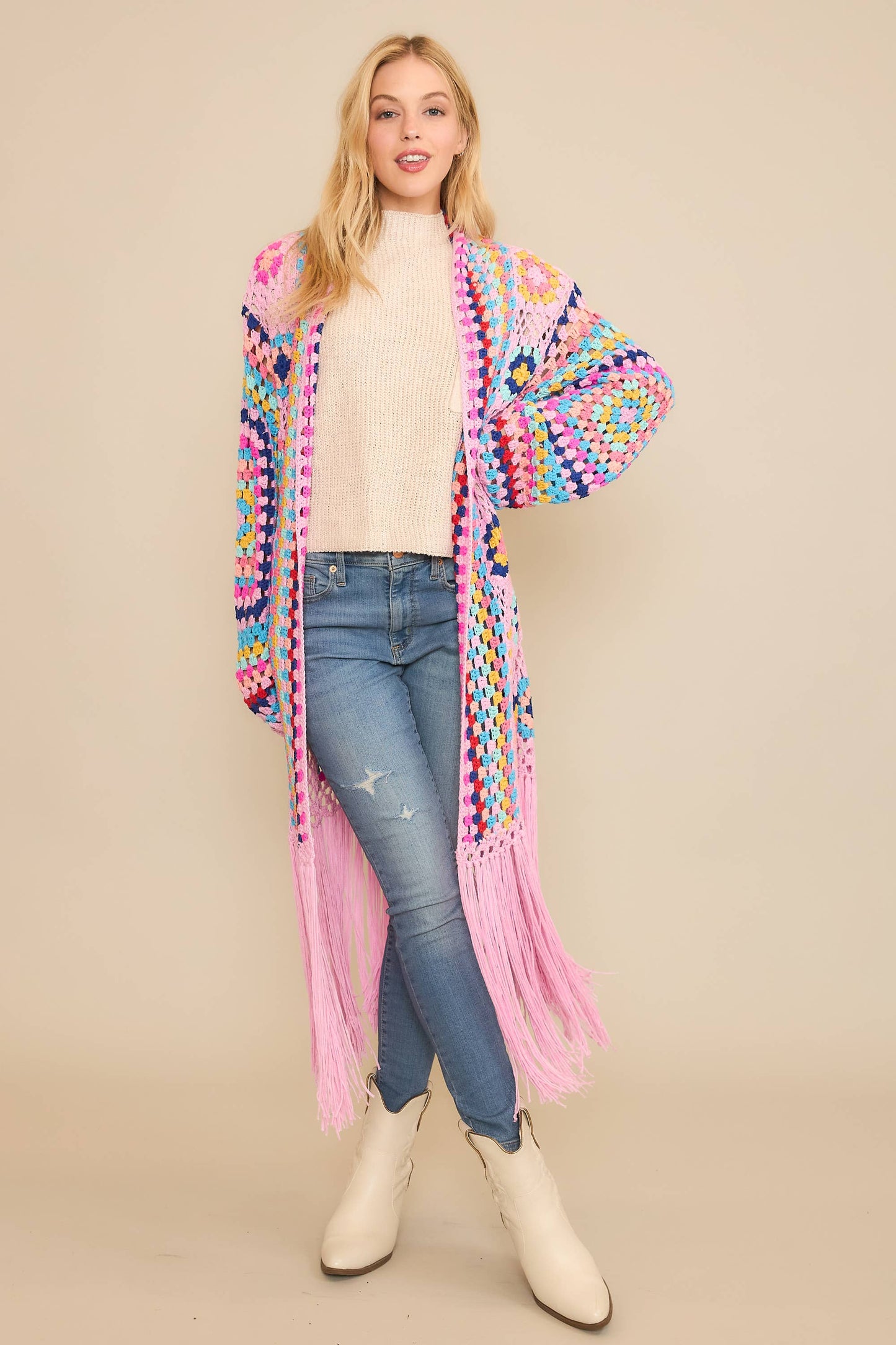 COLORFUL CROCHET FRINGE CARDIGAN DUSTER: Black Combo / SM-ML(3-3)