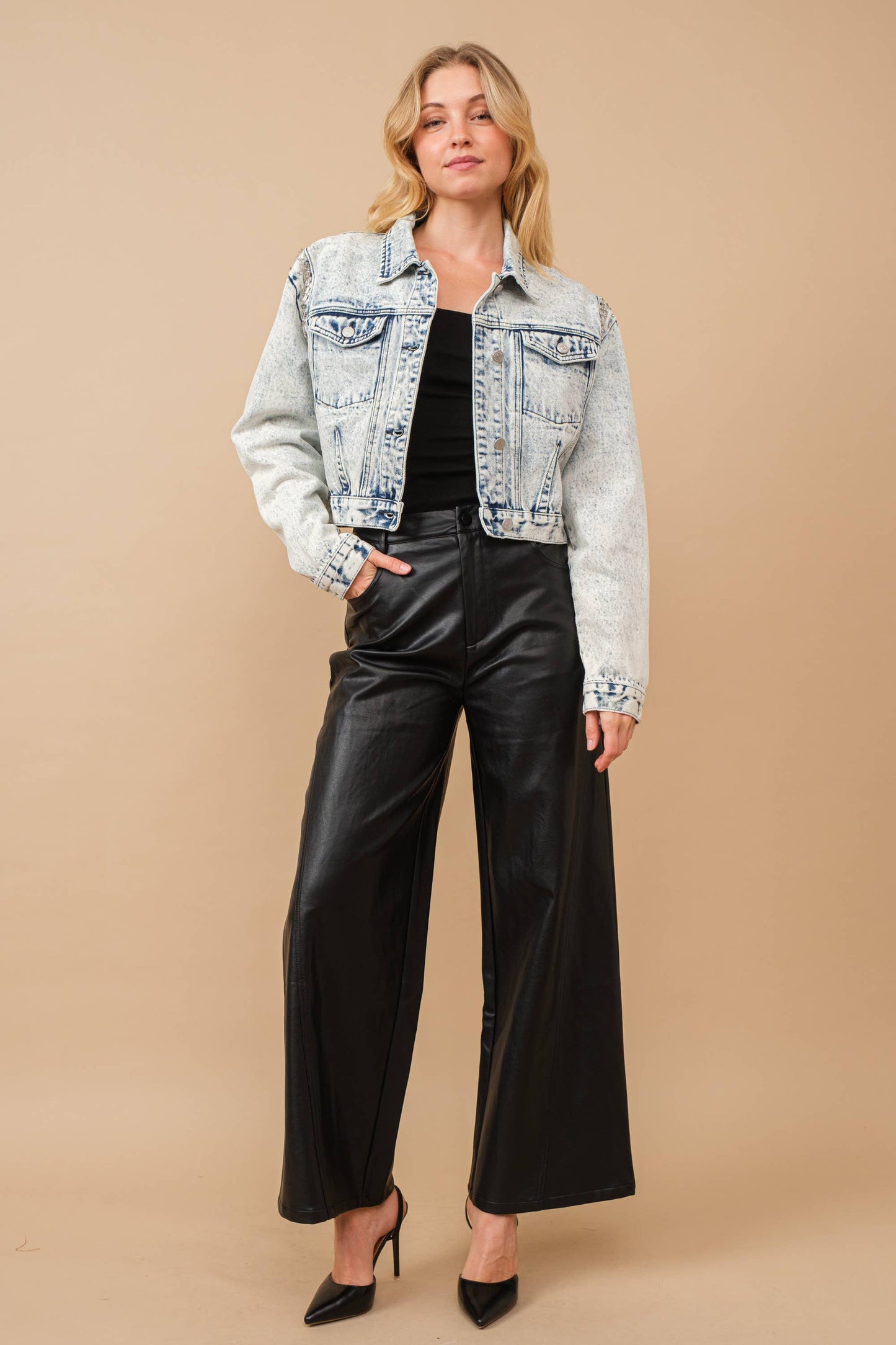 Acid Washed Beaded Denim Jacket