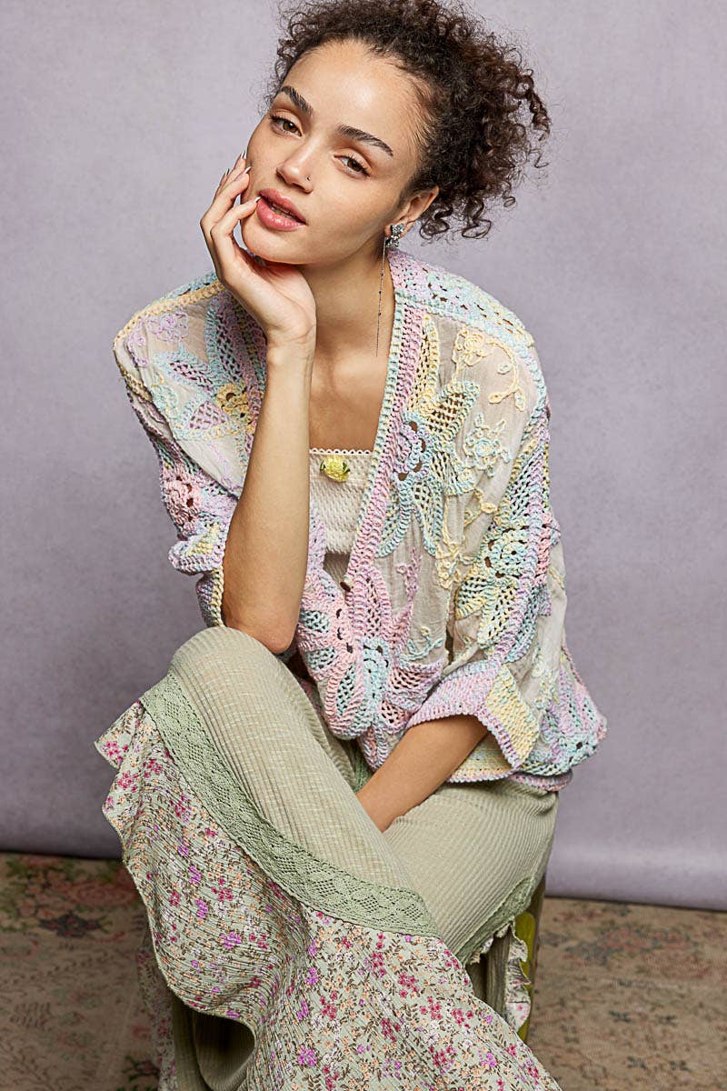 Oversized V-neck Batwing Sleeve Crochet Cardigan : RAINBOW / One Size
