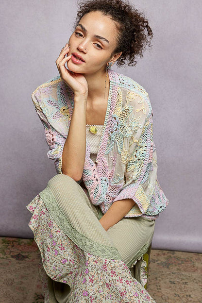 Oversized V-neck Batwing Sleeve Crochet Cardigan : RAINBOW / One Size