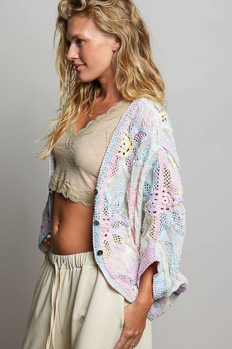 Oversized V-neck Batwing Sleeve Crochet Cardigan : RAINBOW / One Size