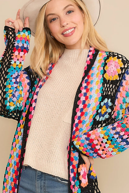COLORFUL CROCHET FRINGE CARDIGAN DUSTER: Black Combo / SM-ML(3-3)