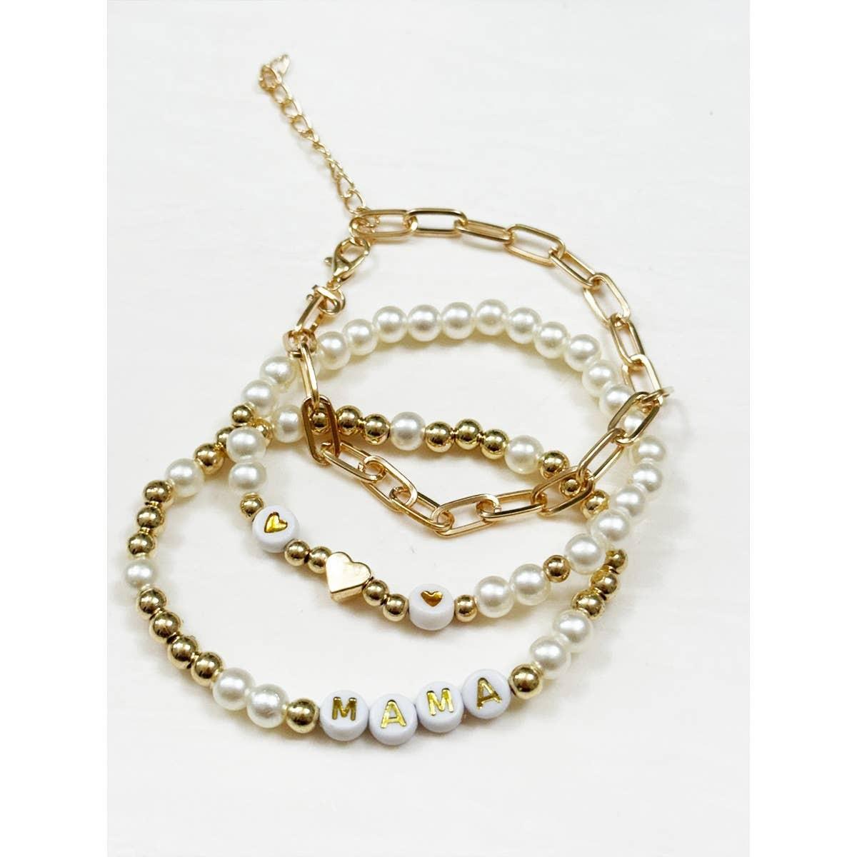 Pearl Beaded and Chain Mama Gold Bracelet: PEARL/GOLD / ONE(12)