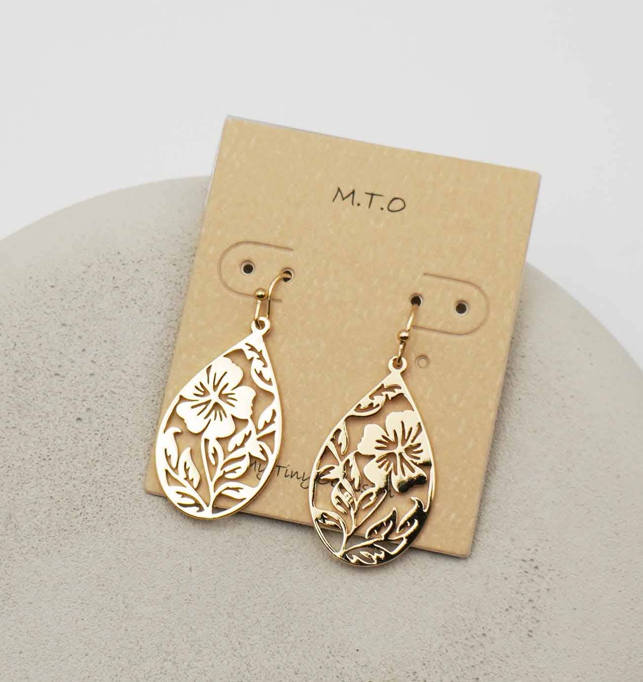 Shiny Gold Plated Openwork Floral Teardrop Earring