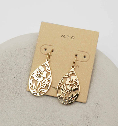 Shiny Gold Plated Openwork Floral Teardrop Earring
