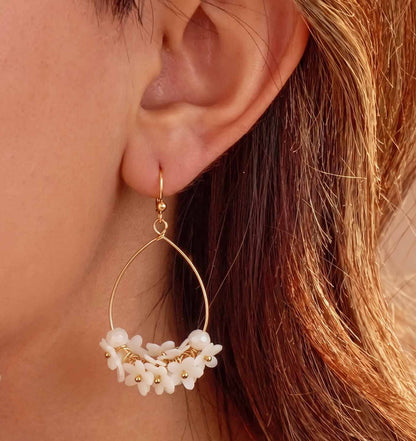 White Sequin Blossom Teardrop Hoop Earring