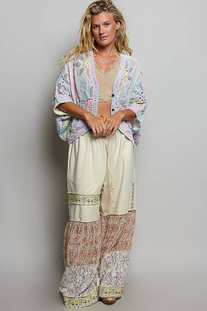 Oversized V-neck Batwing Sleeve Crochet Cardigan : RAINBOW / One Size
