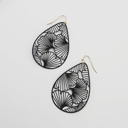 Black Teardrop Ginkgo Leaf Filigree Earrings