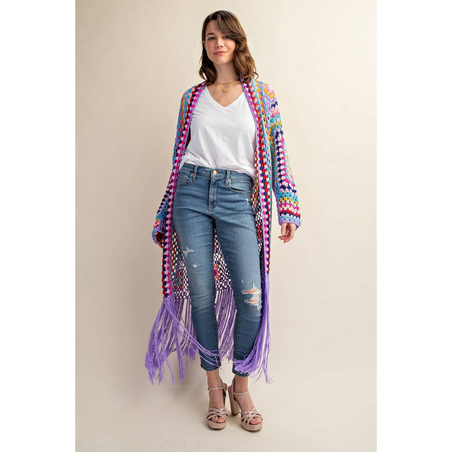 COLORFUL CROCHET FRINGE CARDIGAN DUSTER: Black Combo / SM-ML(3-3)