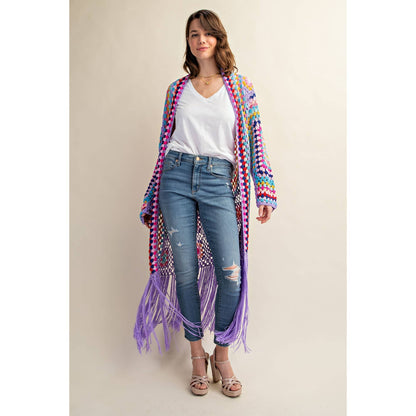 COLORFUL CROCHET FRINGE CARDIGAN DUSTER: Black Combo / SM-ML(3-3)
