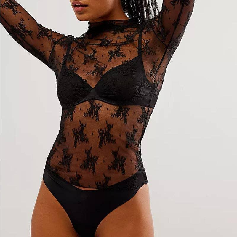 Lux Layering Floral Lace Top - Black