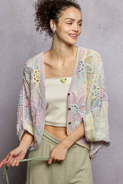 Oversized V-neck Batwing Sleeve Crochet Cardigan : RAINBOW / One Size