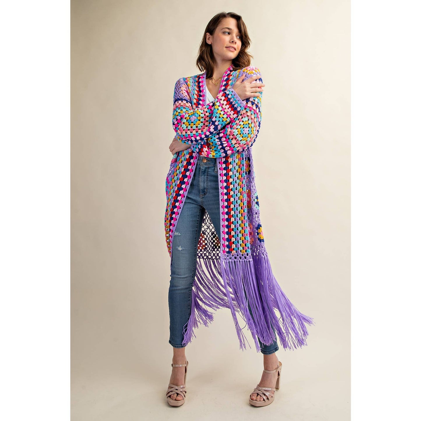COLORFUL CROCHET FRINGE CARDIGAN DUSTER: Black Combo / SM-ML(3-3)