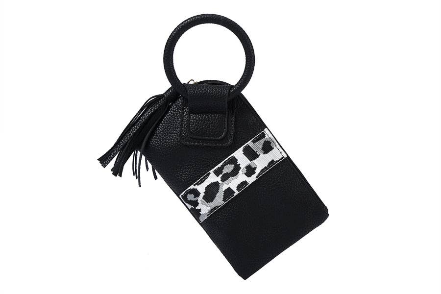 Ladies Faux Leather Animal Print Wristlet Wallet Bag: Black