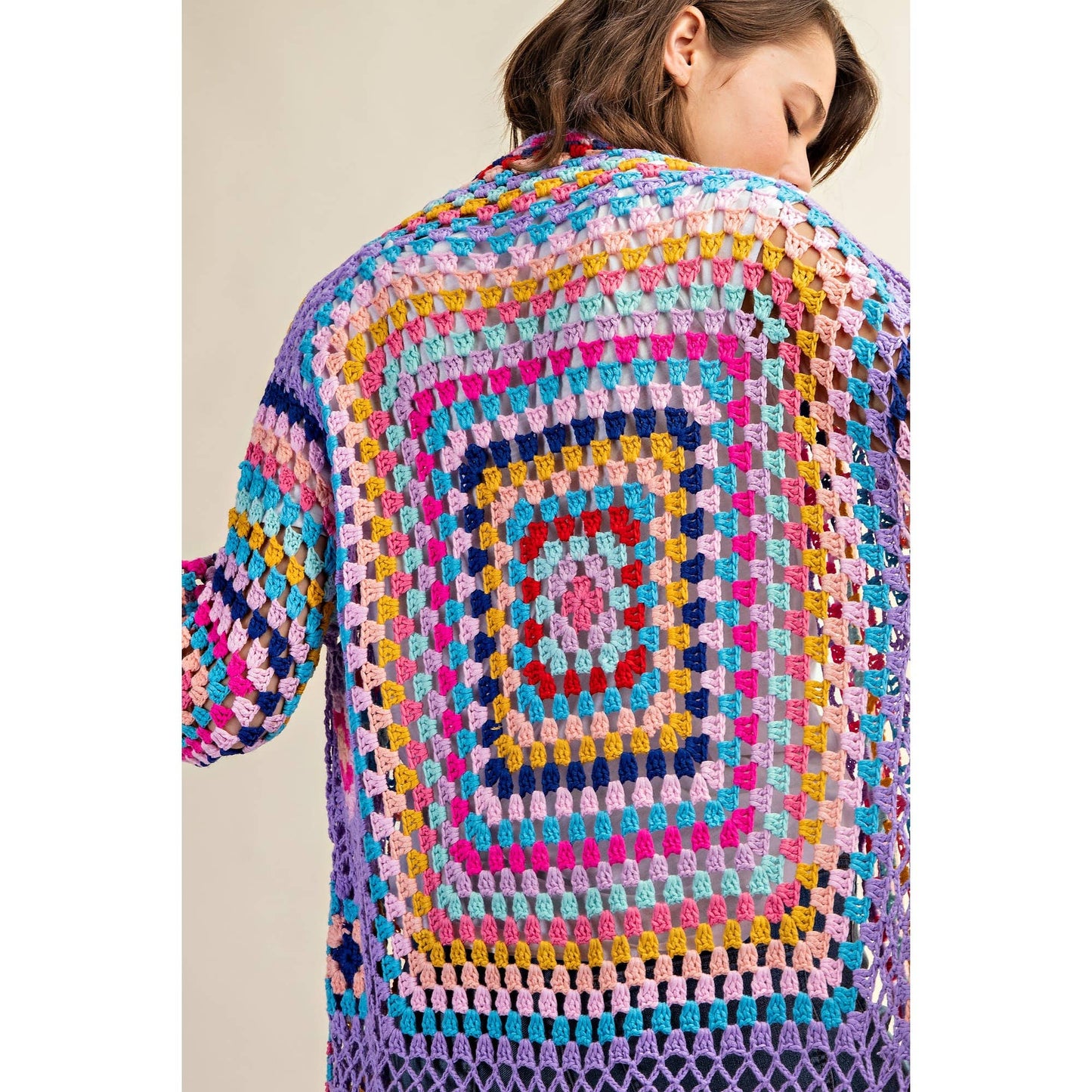 COLORFUL CROCHET FRINGE CARDIGAN DUSTER: Black Combo / SM-ML(3-3)