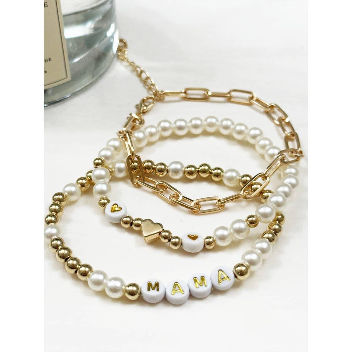 Pearl Beaded and Chain Mama Gold Bracelet: PEARL/GOLD / ONE(12)
